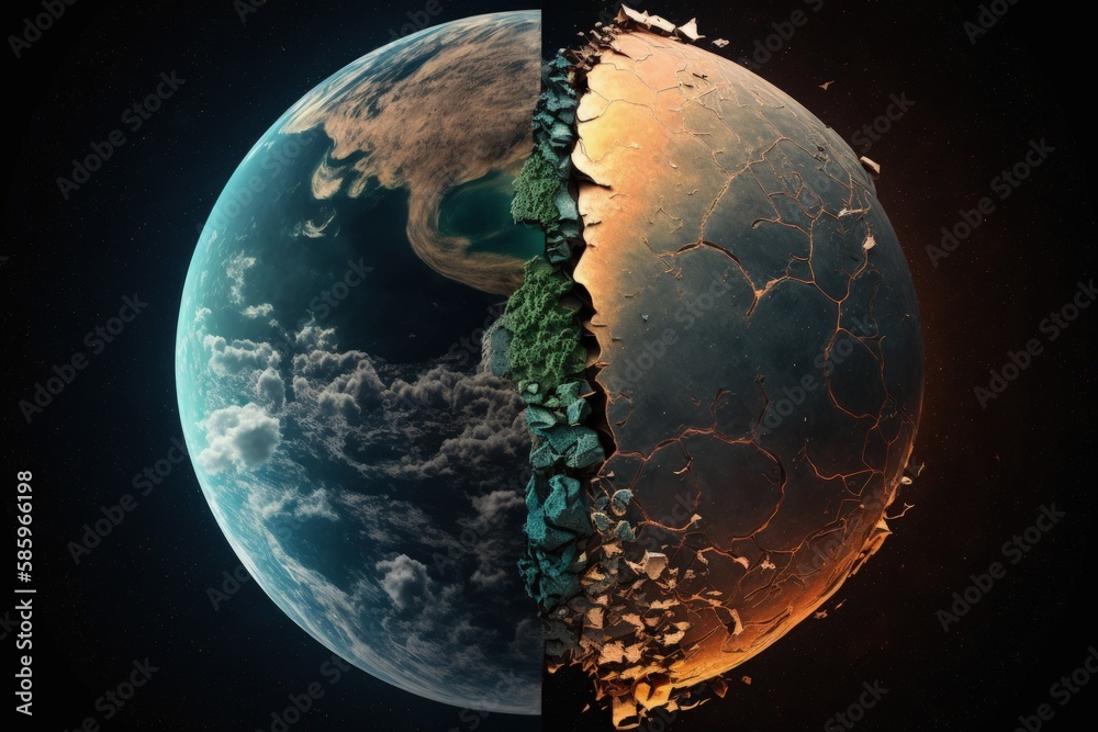 Planet earth with one half destroyed and one half preserved, earth day ...