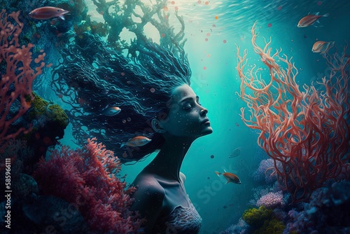 Mermaid swimming near corals and fish, Generative AI © Kaleb