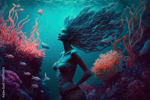 Mermaid swimming near corals and fish, Generative AI
