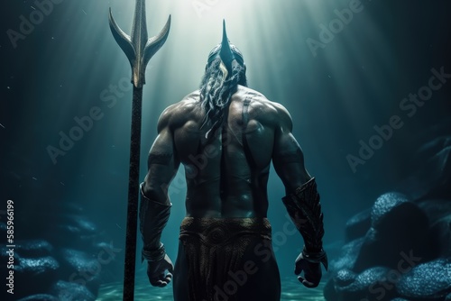 Poseidon with his trident in the sea, Poseidon in the water with his scepter, Generative AI