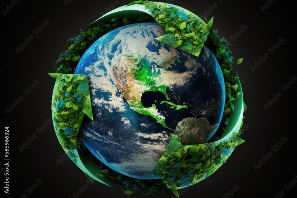 Recycling symbol with planet Earth in the middle, Earth's Day, environment preservation concept, Generative AI