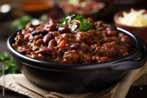 Get Your Protein Fix with a Macro Shot of Protein-Packed Chili con Carne with Beef and Beans, generative ai