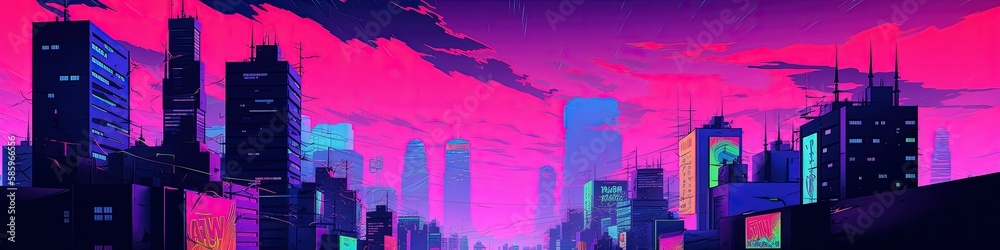 Fototapeta premium City background in vaporwave and synthwave style, city wallpaper, Generative AI