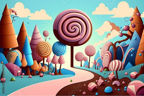 Fantasy candy land, candy world background, flat design illustration, Generative AI