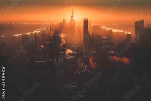 New York city skyscrapers. New York skyscraper at sunset. NYC Cityscape financial district. United States Manhattan Skyline  Ai Generative illustration
