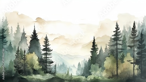 Serene Watercolor Forest Landscape with Majestic Mountains, Pine Trees, and Lush Greenery - Generative AI
