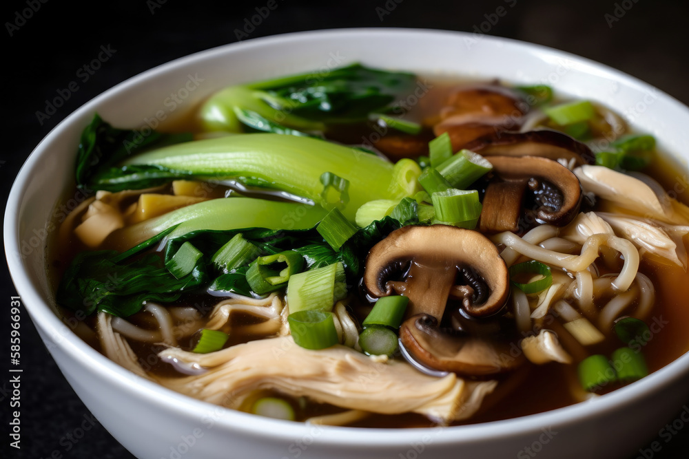 Flavorful Szechuan chicken noodle soup with bok choy, mushrooms, and scallions garnished with sesame seeds and cilantro, generative ai Flavorful Szechuan chicken noodle soup with bok choy, mushrooms, and scallions garnished with sesame seeds and cilantro, generative ai