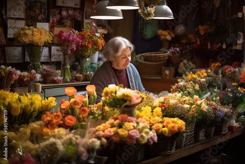 Woman happy to attend her stall selling flowers in a market, already at retirement age. Ai generated.