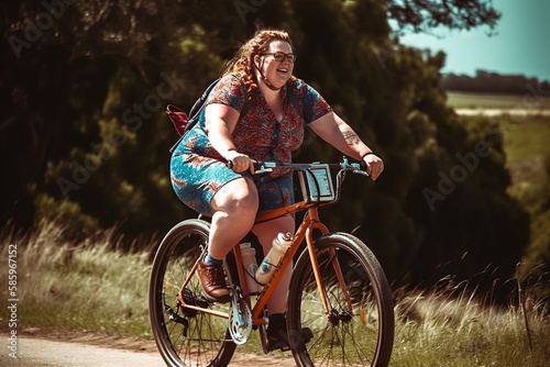 An obese woman rides a bicycle on a walk in casual clothing, in the spring sunshine. Ai generated.