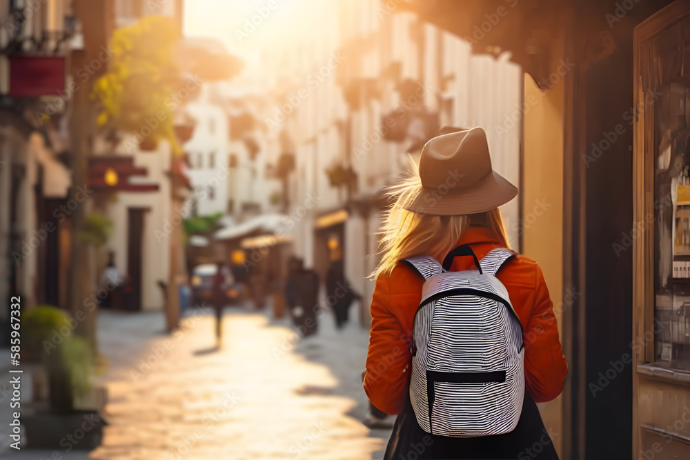 Back view of traveler woman with backpack in the historic city. Generative AI