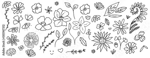 Vector groovy retro flowers hand drawn illustration set.