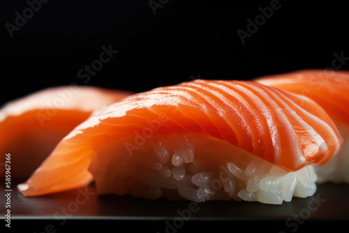 Extreme close-up of glistening salmon nigiri with a thin slice of fish draped over a bed of rice, highlighting the beauty of Japanese culinary art, generative ai