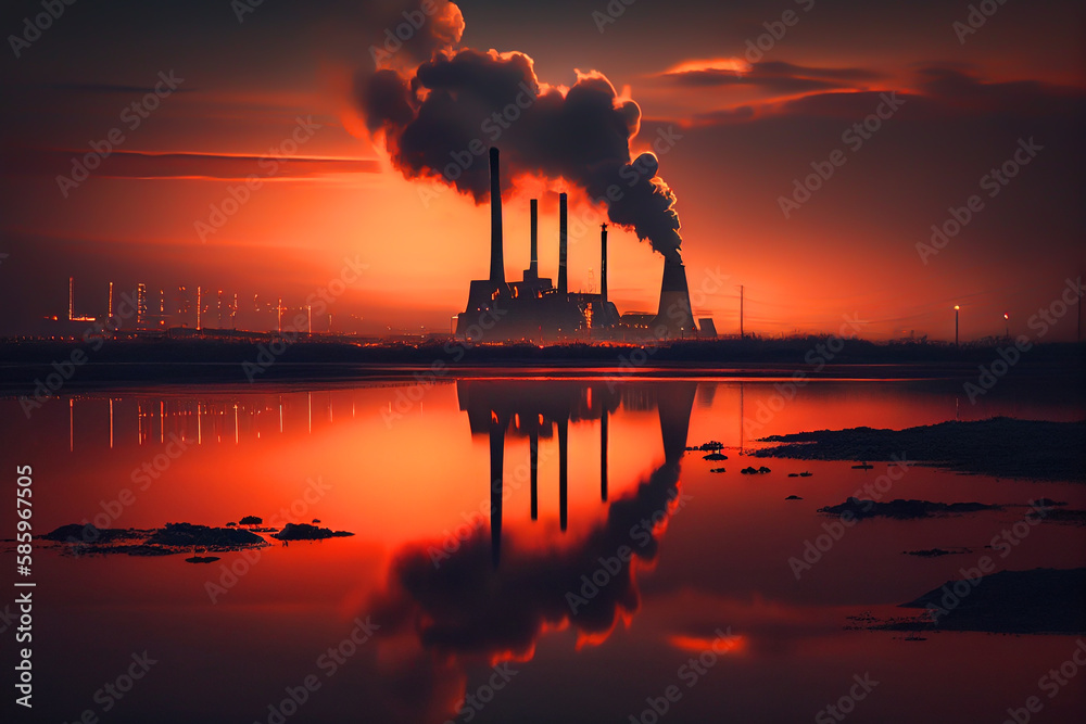 Nuclear power plant at sunset Generate electricity. Dusk, Nuclear