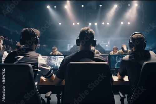 World Cup.Cybersport team involved in online tournament in gaming club . Team of professional cybersport gamers in gaming tournament Generative AI