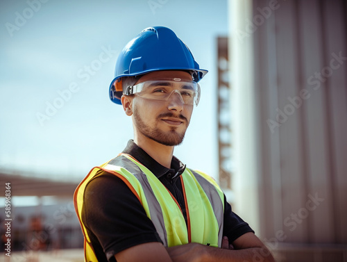 Job site worker wearing safety equipment on location, illustration, generative ai