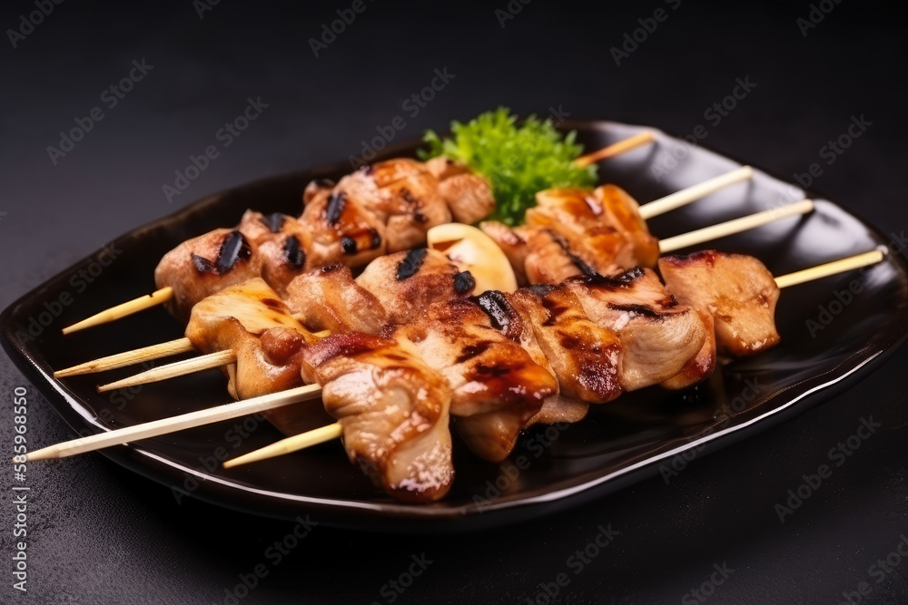 Delicious yakitori skewers with charred edges and succulent chicken meat, served on a traditional Japanese plate, generative ai