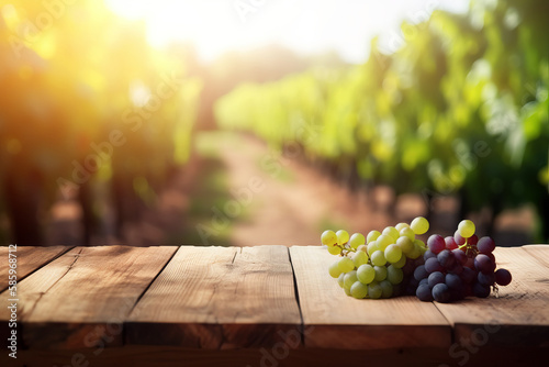 Empty wooden table in vineyard in summer with grapes blurred background, space for copy. wine. created by AI