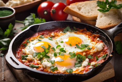 Delicious Shakshuka with Melted Feta Cheese and Fresh Herbs, generative ai
