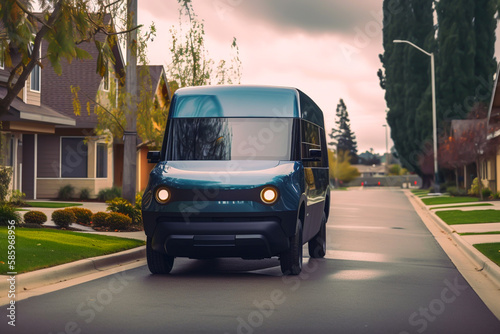 Electric Van Delivering on road. Driver of Electric cargo van delivers the parcel to the customer. Modern Delivery truck. Electric delivery van in New York City. Ai Generative illustration.