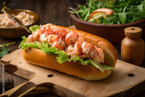 Delicious Lobster Roll with Buttery Texture and Tangy Flavors, Served on a Rustic Wooden Platter, generative ai