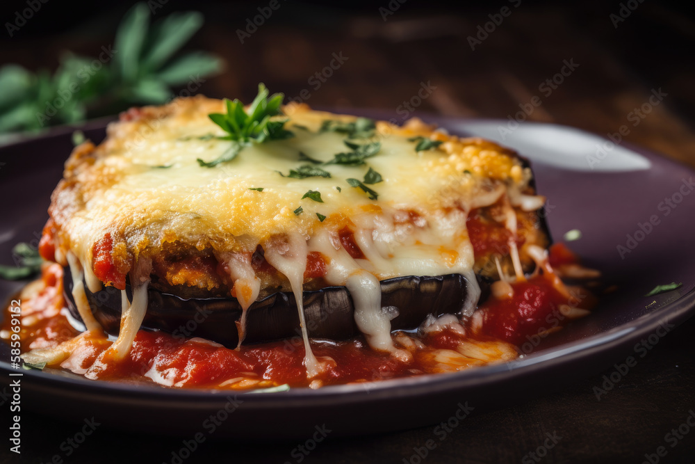 Delicious Homemade Eggplant Parmesan with Rich Tomato Sauce and Melted Cheese, generative ai