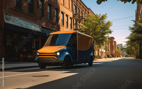 Electric Van Delivering on road. Driver of Electric cargo van delivers the parcel to the customer. Modern Delivery truck. Electric delivery van in New York City. Ai Generative illustration. © MaxSafaniuk