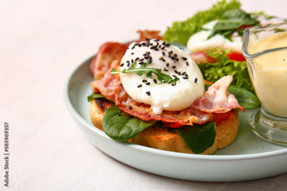 Plate with tasty egg Benedict on white table, closeup
