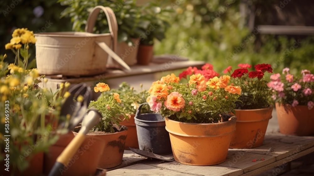 Potted plants with gardening tools on a wooden table Generative AI