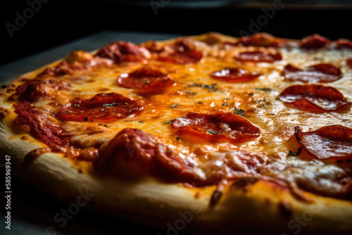 Delicious close-up shot of a hot pepperoni pizza with melted cheese and golden crust, fresh out of the oven, generative ai