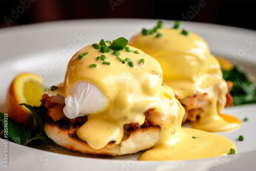 delicious close-up of Eggs Benedict with juicy crab cakes, tangy remoulade sauce, and perfectly poached eggs on a bed of buttery brioche toast, generative ai