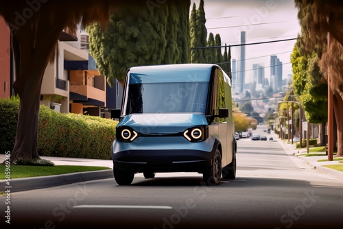Electric Van Delivering on road. Driver of Electric cargo van delivers the parcel to the customer. Modern Delivery truck. Electric delivery van in New York City. Ai Generative illustration.