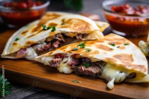 delicious close-up of a mini quesadilla slider filled with tender steak, melted cheese, and grilled onions, served on a wooden board with a side of spicy salsa, generative ai photo