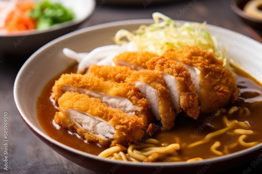 Delicious Chicken Katsu Curry Udon, with thick and chewy noodles, a rich and spicy curry sauce, and crispy breaded chicken katsu on top, generative ai Delicious Chicken Katsu Curry Udon, with thick and chewy noodles, a rich and spicy curry sauce, and crispy breaded chicken katsu on top, generative ai
