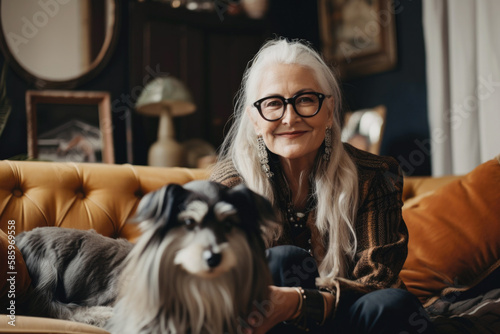 Portrait of senior woman with her dog at home in living room. Generative AI.  photo