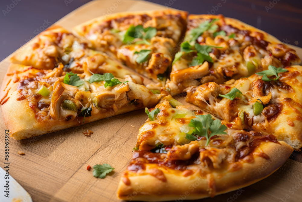 delectable Kung Pao chicken pizza with tangy tomato sauce, gooey melted cheese, and fresh chopped cilantro, generative ai
