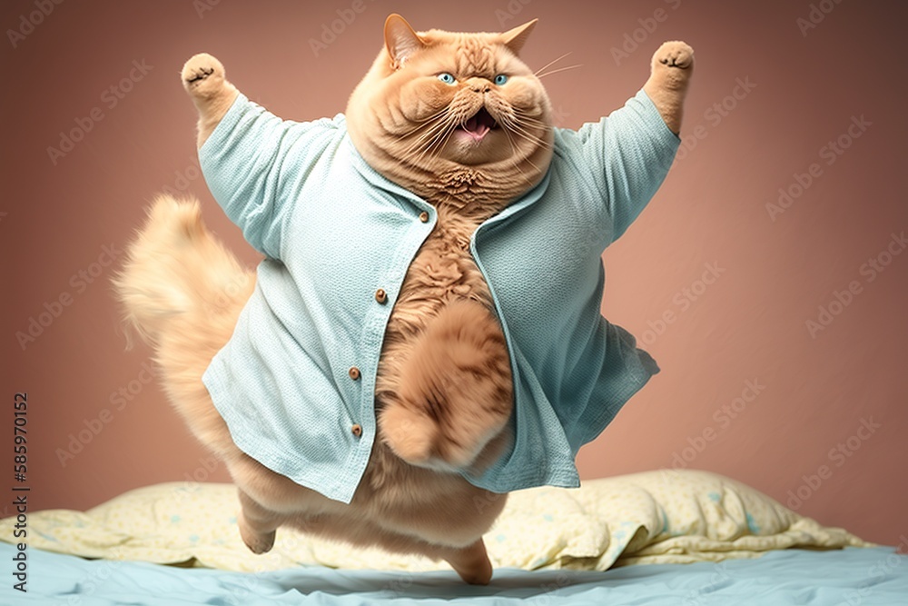fat cat in a terry bathrobe joyfully dancing on bed, created with
