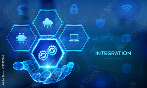 Integration data system. System Integration technology concept in wireframe hand. Industrial and smart technology. Business and automation solutions. Vector illustration.