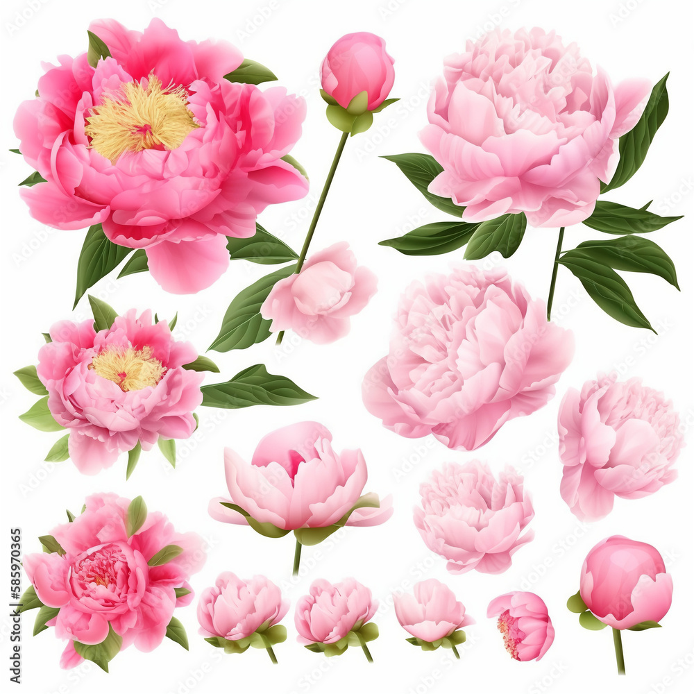 set of elements of a pink peony flower, its buds and leaves. generative ai	

