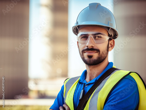 Job site worker wearing safety equipment on location, illustration, generative ai