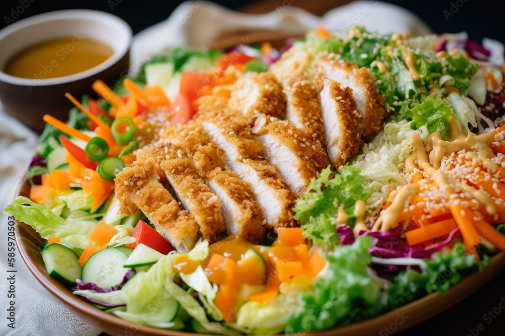 Crispy Chicken Katsu Salad with fresh lettuce, crunchy cabbage, and colorful veggies, topped with a tangy dressing and a sprinkle of sesame seeds, generative ai Crispy Chicken Katsu Salad with fresh lettuce, crunchy cabbage, and colorful veggies, topped with a tangy dressing and a sprinkle of sesame seeds, generative ai