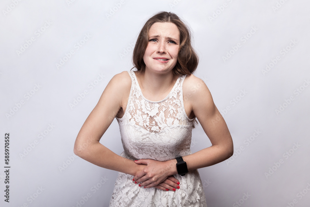 Ταπετσαρία Sick ill woman holding her belly, having terrible period pain, feels discomfort, frowning her face