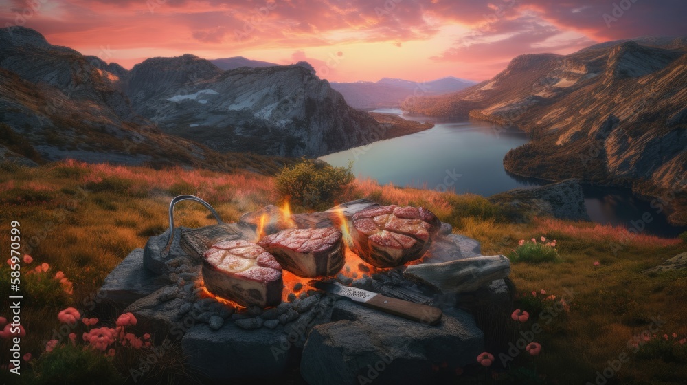 Sunset Feast: Sizzling Steaks and Mountain Landscape, AI-Generative
