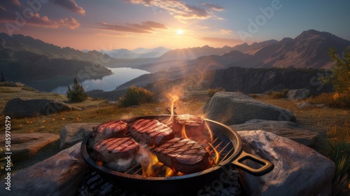 Wildfire Delight  Succulent Steaks and Campfire  AI-Generative 