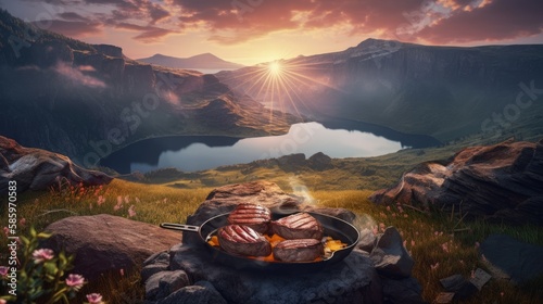 Fireside Delight: Sizzling Steaks and Mountain Landscape, AI-Generative 
