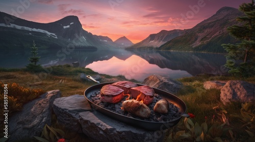 Sizzling Spectacle: Steaks and Campfire in Mountain Setting, AI-Generative 