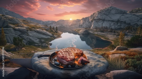 Campfire Ambience: Succulent Steaks and Breathtaking Mountain Landscape, AI-Generative