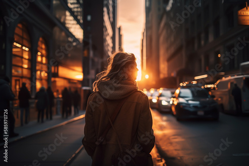 Traveler in New York, back view. Urban sunset, Girl traveler with backpack in city buildings. New york city streets on sunset. Walking Travel trip in NYC. Girl Traveler in New York City. AI Generate