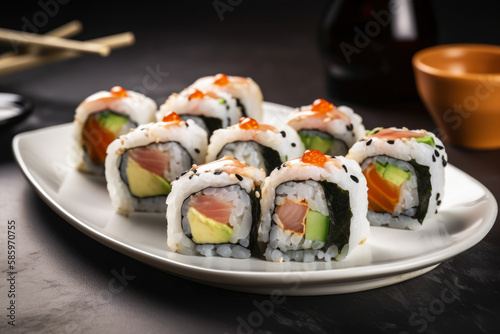 Colorful sushi rolls arranged on a white plate with chopsticks and soy sauce in the background, generative ai
