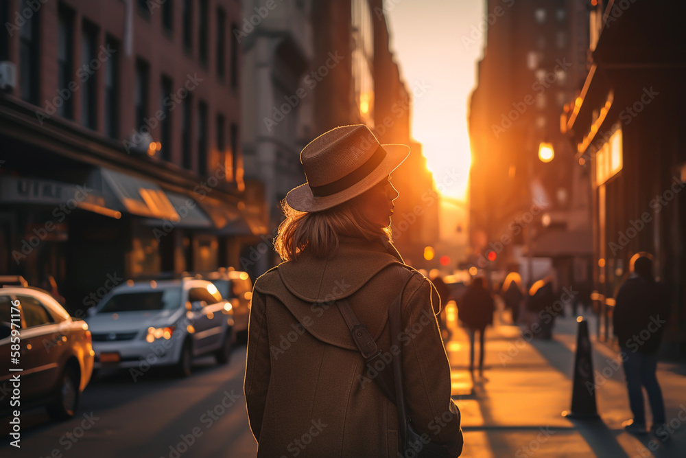 Traveler in New York, back view. Urban sunset, Girl traveler with backpack in city buildings. New york city streets on sunset. Walking Travel trip in NYC. Girl Traveler in New York City. AI Generate