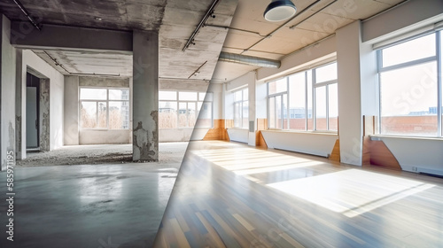 Large Industrial Office Building Before And After Cleanup and Construction - Generative AI.
